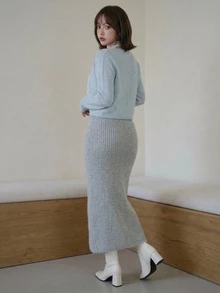 FRIFUL Women's Solid Color Casual Versatile Daily Wear Knit Skirt - Black - View 2
