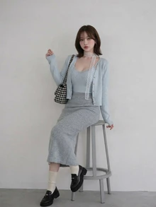 FRIFUL Women's Solid Color Casual Versatile Daily Wear Knit Skirt - Black - View 6