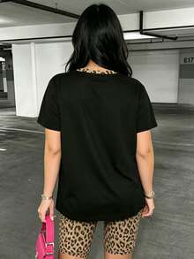 Maweii 2PCS Plus Size Women's Outdoor Outfit, Summer New Arrival Set, Summer Short Sleeve T-Shirt & Shorts, Pattern, Leopard Print, Brown, Black, Street Phot - Multicolor - View 2