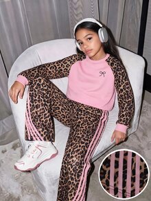 SHEIN 2件組 青少年女孩休閒長袖運動衫與側邊蝴蝶結羅紋針織長褲套裝 - 彩色 - 查看 3
