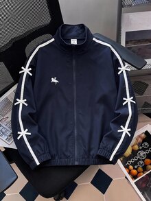 SHEIN Kids Tween Girl Tween Girl Drawstring Black And White Polka Dot Letter Print Zipper Front Autumn Winter Sweatshirt - Navy Blue - View 8