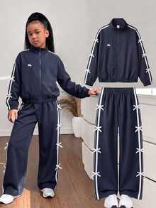 SHEIN Kids Tween Girl Tween Girl Drawstring Black And White Polka Dot Letter Print Zipper Front Autumn Winter Sweatshirt - Navy Blue - View 2