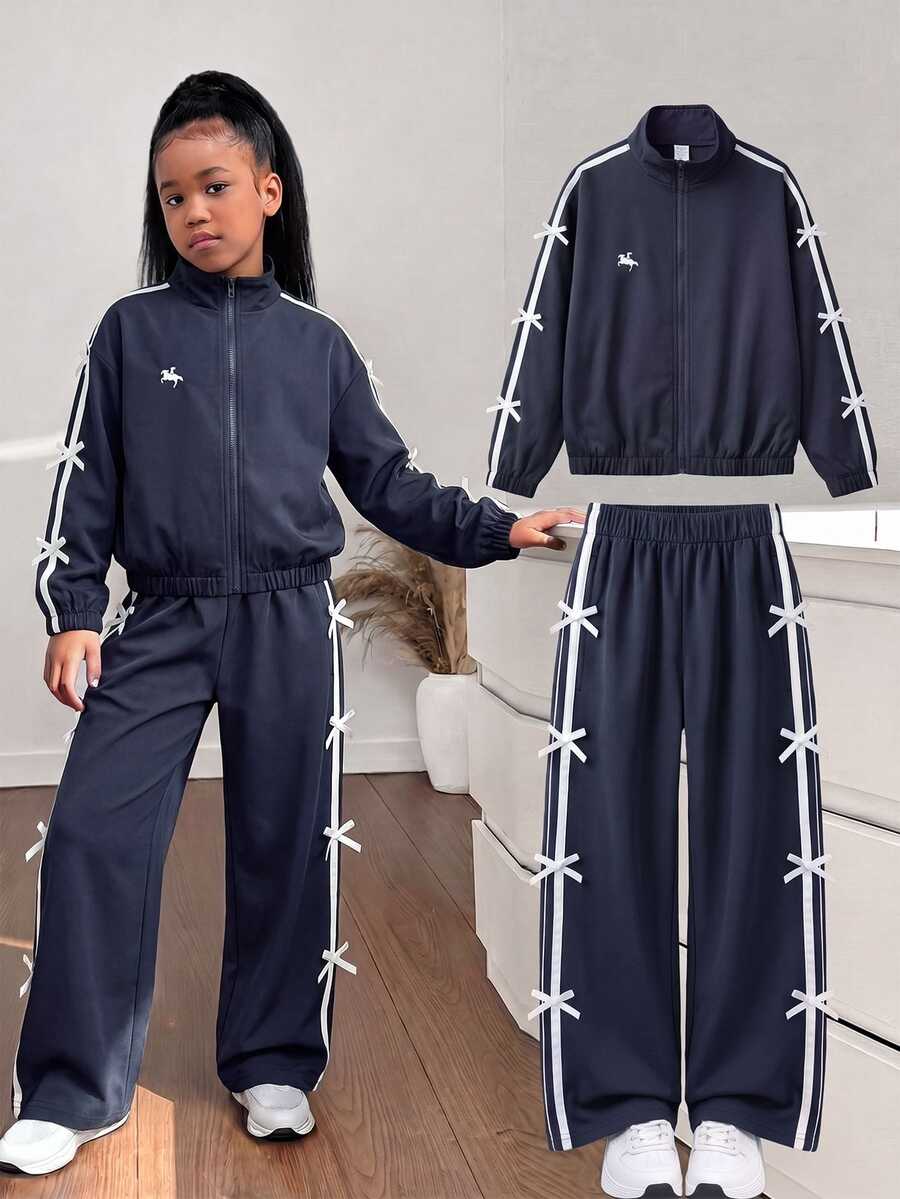 SHEIN Kids Tween Girl Tween Girl Drawstring Black And White Polka Dot Letter Print Zipper Front Autumn Winter Sweatshirt - Navy Blue - View 1