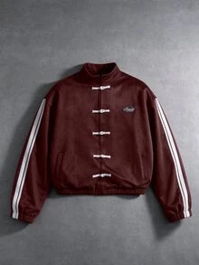SUMWON Oversized Streetwear Suede Bomber Jacket With Chinese Frog Button Closure Mandarin Collar And Contrast White And Burgundy Stripe Sleeves Street Style - Burgundy - View 1