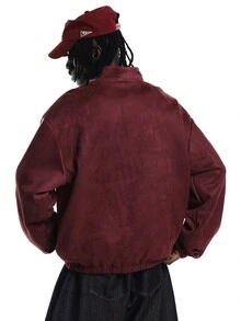 SUMWON Oversized Streetwear Suede Bomber Jacket With Chinese Frog Button Closure Mandarin Collar And Contrast White And Burgundy Stripe Sleeves Street Style - Burgundy - View 6