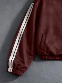 SUMWON Oversized Streetwear Suede Bomber Jacket With Chinese Frog Button Closure Mandarin Collar And Contrast White And Burgundy Stripe Sleeves Street Style - Burgundy - View 4