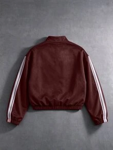SUMWON Oversized Streetwear Suede Bomber Jacket With Chinese Frog Button Closure Mandarin Collar And Contrast White And Burgundy Stripe Sleeves Street Style - Burgundy - View 2