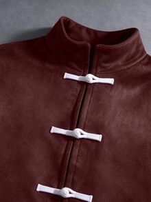 SUMWON Oversized Streetwear Suede Bomber Jacket With Chinese Frog Button Closure Mandarin Collar And Contrast White And Burgundy Stripe Sleeves Street Style - Burgundy - View 3