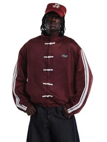 SUMWON Oversized Streetwear Suede Bomber Jacket With Chinese Frog Button Closure Mandarin Collar And Contrast White And Burgundy Stripe Sleeves Street Style - Burgundy - View 5