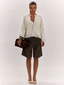 SHEIN BAE Regular Women's New Chinese Style Lace Patchwork Knit Cardigan - Apricot - View 5