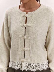 SHEIN BAE Regular Women's New Chinese Style Lace Patchwork Knit Cardigan - Apricot - View 6