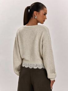 SHEIN BAE Regular Women's New Chinese Style Lace Patchwork Knit Cardigan - Apricot - View 2