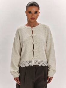 SHEIN BAE Regular Women's New Chinese Style Lace Patchwork Knit Cardigan - Apricot - View 3