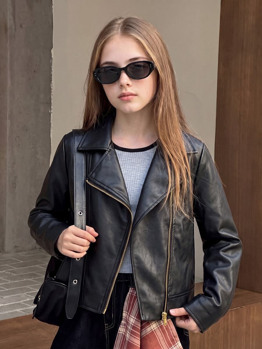 Teen Girl Long Sleeve Fleece Lined Casual Daily Black Jacket Halloween Autumn Fall Style
