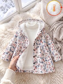 SHEIN 女嬰幼童女款連帽夾克外套，可愛甜美白色粉色花卉印花，毛絨內裡，長袖連帽加厚，冬季秋季假日毛絨款 - 杏色 - 查看 6