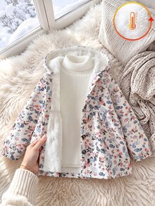SHEIN 女嬰幼童女款連帽夾克外套，可愛甜美白色粉色花卉印花，毛絨內裡，長袖連帽加厚，冬季秋季假日毛絨款 - 杏色 - 查看 1