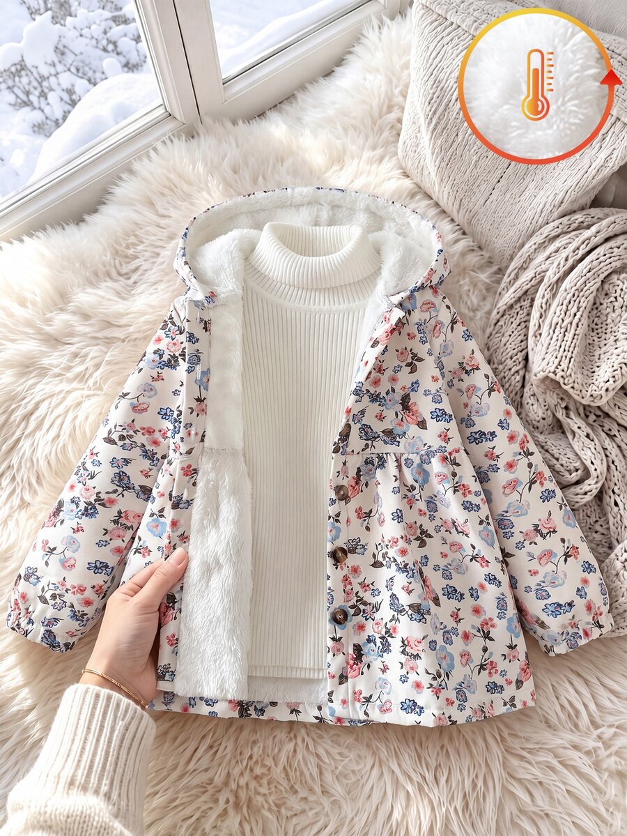 SHEIN 女嬰幼童女款連帽夾克外套,可愛甜美白色粉色花卉印花,毛絨內裡,長袖連帽加厚,冬季秋季假日毛絨款 - 杏色 - 查看 1