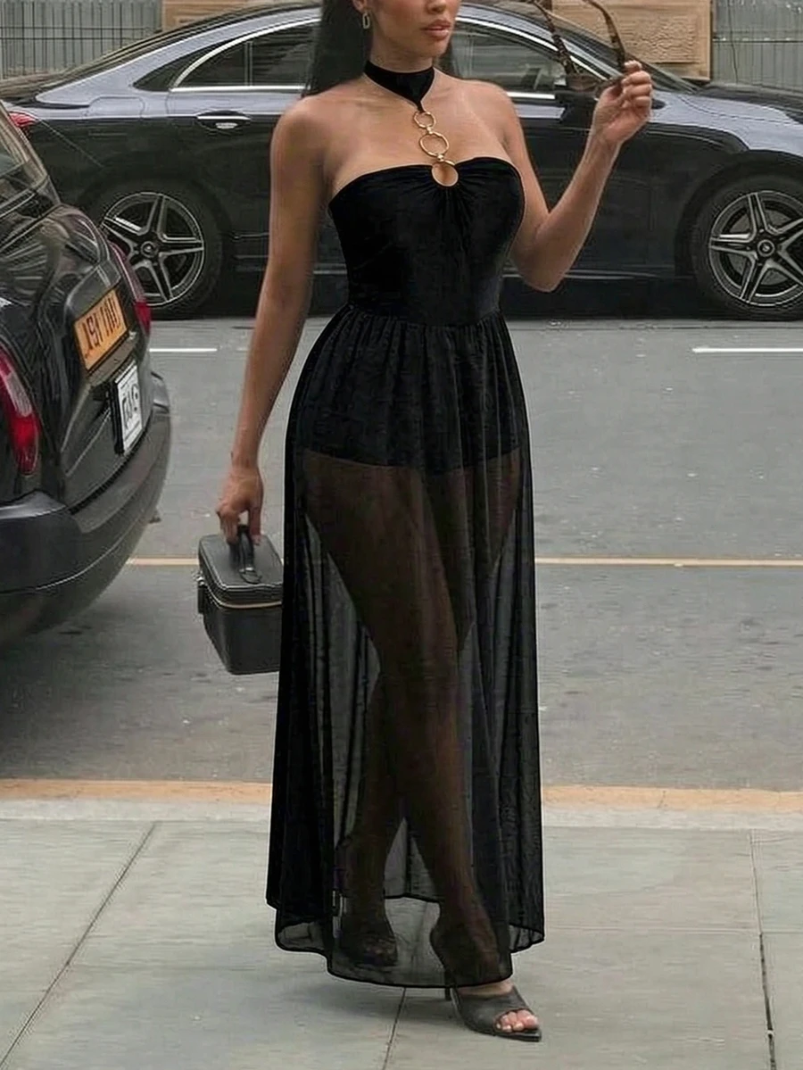 Glamine Black Halter Chain Tube Maxi Dress,Cutout Bodice Sheer Mesh Overlay Sexy Elegant For Night Out,Club Going Out,Date Night,Party,Halloween Summer - Black - View 1