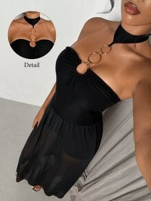 Glamine Black Halter Chain Tube Maxi Dress,Cutout Bodice Sheer Mesh Overlay Sexy Elegant For Night Out,Club Going Out,Date Night,Party,Halloween Summer - Black - View 5