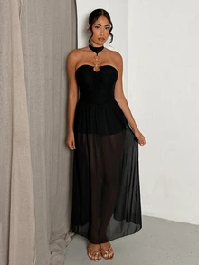 Glamine Black Halter Chain Tube Maxi Dress,Cutout Bodice Sheer Mesh Overlay Sexy Elegant For Night Out,Club Going Out,Date Night,Party,Halloween Summer - Black - View 3