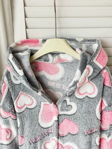 SHEIN Tween女孩卡通刺繡針織雙面抓絨連帽睡衣，冬季女童幼兒毛茸茸秋季睡衣 - 淺灰色 - 查看 7