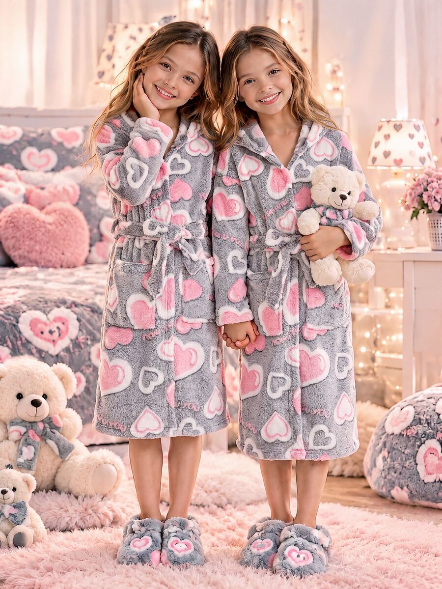 SHEIN Tween Girl Tween Girl Tween Girls Cartoon Embroidered Knit Double-Sided Fleece Hooded , Winter Girls , Toddler , Fluffy Autumn Pajamas For Tween Girl - Light Grey - View 1