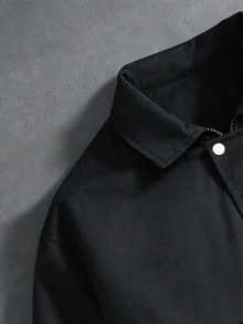 SUMWON Oversized Utility Jacket With Cargo Pockets Snap Button Closure Point Collar Ribbed Hem Fall Winter Outerwear - Black - View 3