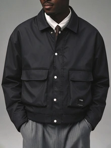 SUMWON Oversized Utility Jacket With Cargo Pockets Snap Button Closure Point Collar Ribbed Hem Fall Winter Outerwear - Black - View 5