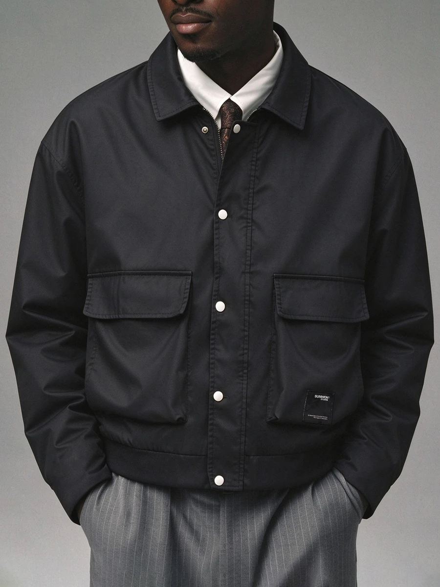 SUMWON Oversized Utility Jacket With Cargo Pockets Snap Button Closure Point Collar Ribbed Hem Fall Winter Outerwear - Black - View 1