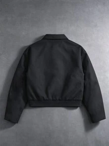 SUMWON Oversized Utility Jacket With Cargo Pockets Snap Button Closure Point Collar Ribbed Hem Fall Winter Outerwear - Black - View 2