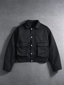 SUMWON Oversized Utility Jacket With Cargo Pockets Snap Button Closure Point Collar Ribbed Hem Fall Winter Outerwear - Black - View 1