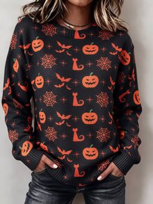 SHEIN Women's Knitted Sweater Halloween Theme Pattern Holiday Everyday Night Dark Orange Autumn Cute Retro Casual - Multicolor - View 2