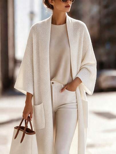 RosyDaze Otoño, Casual, Uso Diario, Vacaciones, Cárdigan Fino Blanco Roto con Mangas Acampanadas, Cárdigan de Punto Fino para Mujer Brunch
