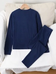 SHEIN 2pcs Kids Tween Boy Casual Solid Color Thermal Lined Thick Crew Neck Long Sleeve T-Shirt And Pants Underwear Set, Suitable For Home Wear, Suitable For Layering, Autumn/Winter Season - Royal Blue - View 3