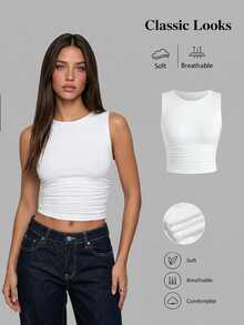 SHEIN X KAREN & MELISSA Sweetra Solid Color Pleated Fitted Tank Top - White - View 1