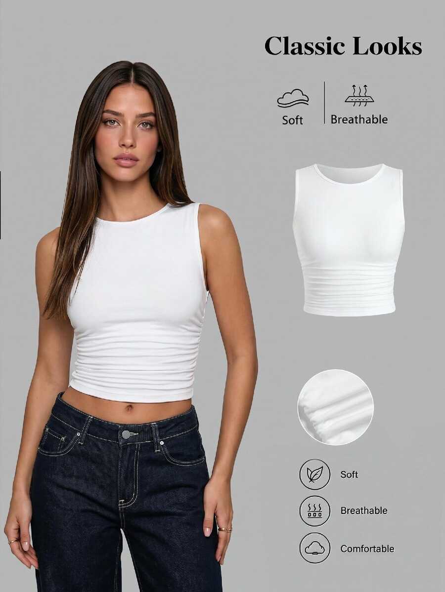 SHEIN X KAREN & MELISSA Sweetra Solid Color Pleated Fitted Tank Top - White - View 1