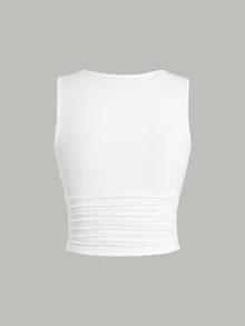 SHEIN X KAREN & MELISSA Sweetra Solid Color Pleated Fitted Tank Top - White - View 2
