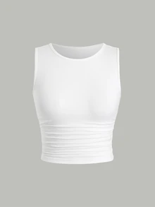 SHEIN X KAREN & MELISSA Sweetra Solid Color Pleated Fitted Tank Top - White - View 3