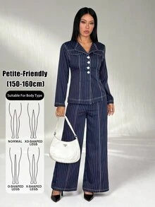 SHEIN PETITE 時尚海軍藍條紋套裝，適合嬌小女性，適用於工作、辦公室、商務或休閒優雅商務專業穿著，秋季 - 藏蓝色 - 查看 11