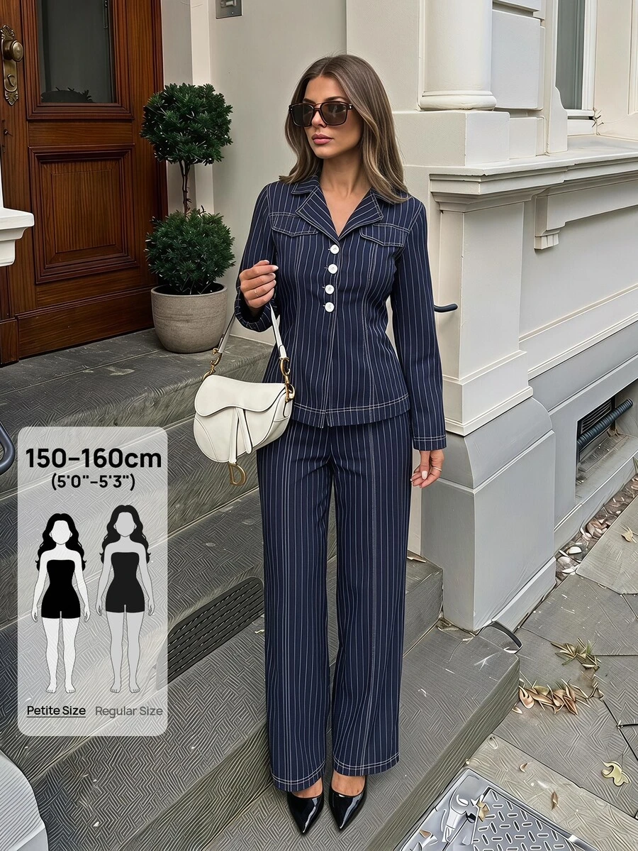 SHEIN PETITE 時尚海軍藍條紋套裝,適合嬌小女性,適用於工作、辦公室、商務或休閒優雅商務專業穿著,秋季 - 藏蓝色 - 查看 1