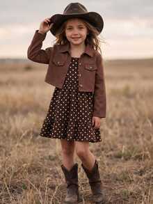 SHEIN Kids Young Girl Woven Solid Color Cardigan Jacket & Polka Dot Strap Dress 2pcs Set - Multicolor - View 2