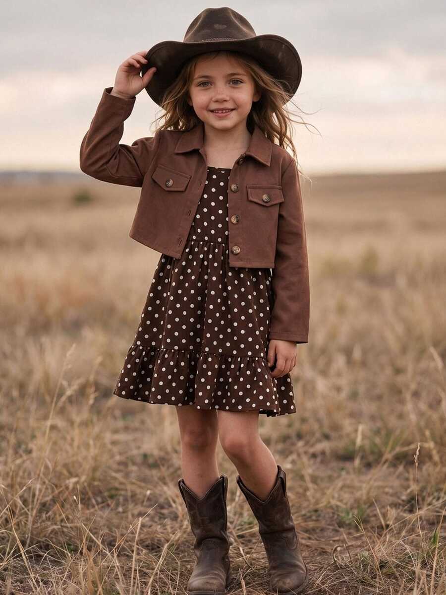SHEIN Kids Young Girl Woven Solid Color Cardigan Jacket & Polka Dot Strap Dress 2pcs Set - Multicolor - View 1