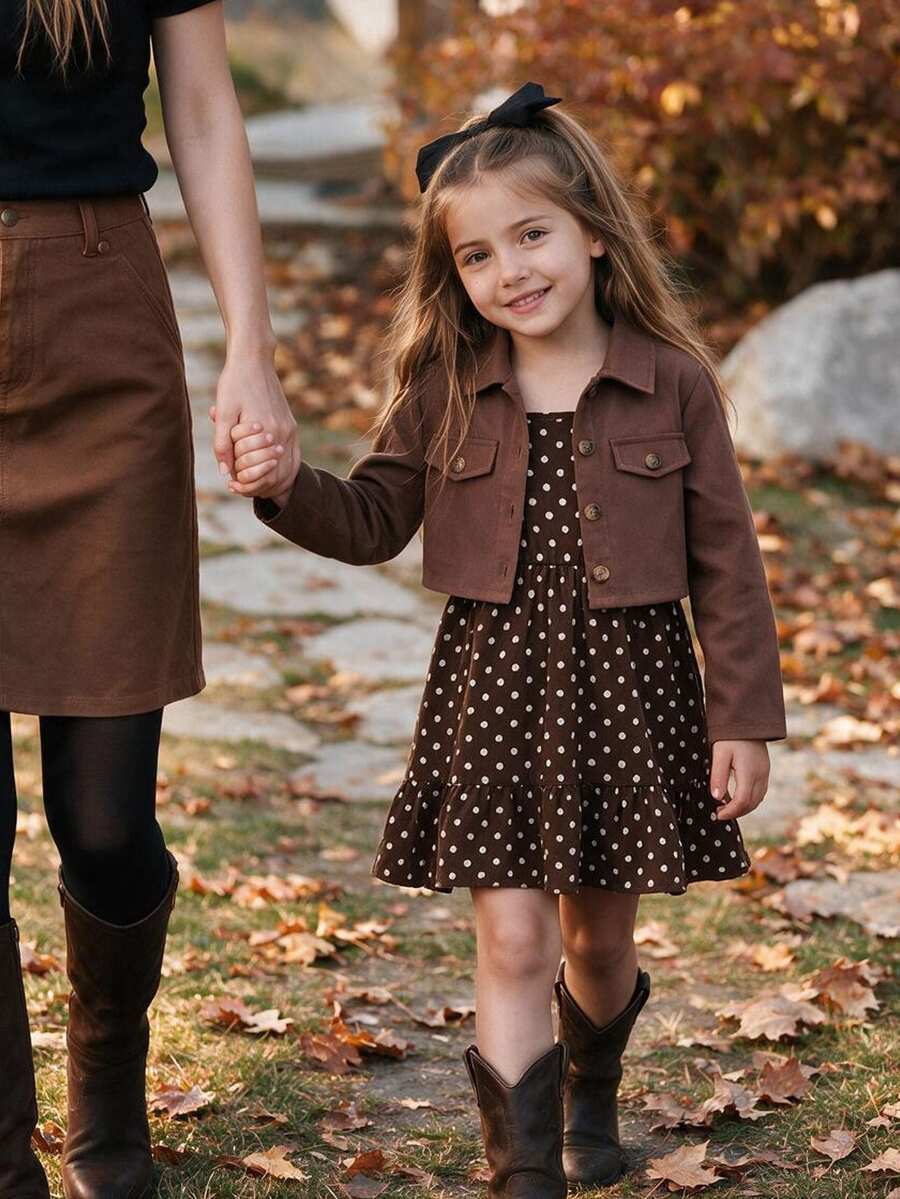 SHEIN Kids Young Girl Woven Solid Color Cardigan Jacket & Polka Dot Strap Dress 2pcs Set - Multicolor - View 1