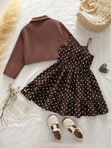SHEIN Kids Young Girl Woven Solid Color Cardigan Jacket & Polka Dot Strap Dress 2pcs Set - Multicolor - View 5
