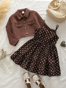 SHEIN Kids Young Girl Woven Solid Color Cardigan Jacket & Polka Dot Strap Dress 2pcs Set - Multicolor - View 4