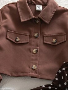 SHEIN Kids Young Girl Woven Solid Color Cardigan Jacket & Polka Dot Strap Dress 2pcs Set - Multicolor - View 6