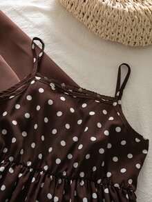 SHEIN Kids Young Girl Woven Solid Color Cardigan Jacket & Polka Dot Strap Dress 2pcs Set - Multicolor - View 7