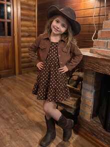 SHEIN Kids Young Girl Woven Solid Color Cardigan Jacket & Polka Dot Strap Dress 2pcs Set - Multicolor - View 3