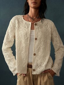 Bohemela Women's Elegant Vintage Casual Embroidered Button Long Sleeve Thin Jacket Everyday Date High Tea Night Festive Party Off White Fall - Apricot - View 6