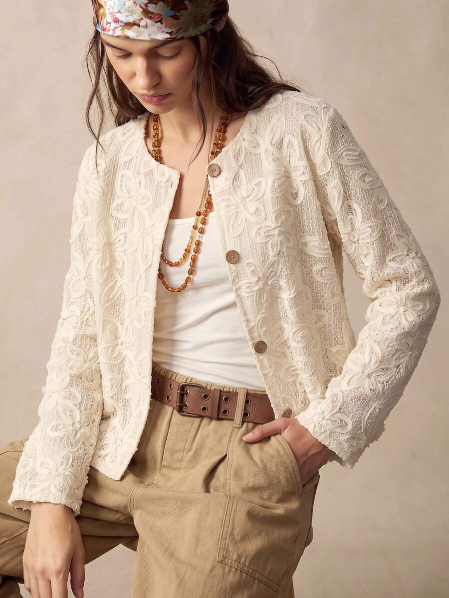 Bohemela Women's Elegant Vintage Casual Embroidered Button Long Sleeve Thin Jacket Everyday Date High Tea Night Festive Party Off White Fall - Apricot - View 1